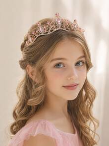 2/1pc Kids Girls Princess Tiara Crown & Floral Pearl Hair Vine Set, Pink Rhinestone Hair Accessories For Birthday, Pageant, Party, Photo Shoot - Multicolor - View 2