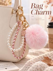 New Pink Sweet Cute Chain Pearl Fur Bag Charm, Can Be Used As Double Layer Bag Handle Chain, Multi-Function INS Fashion Girl Keychain, Designer Niche Style To Meet Different Occasion Needs, Bag Decoration, Suitable For Sisters, Friends, Daily Use, Gift Giving - Multicolor - View 2
