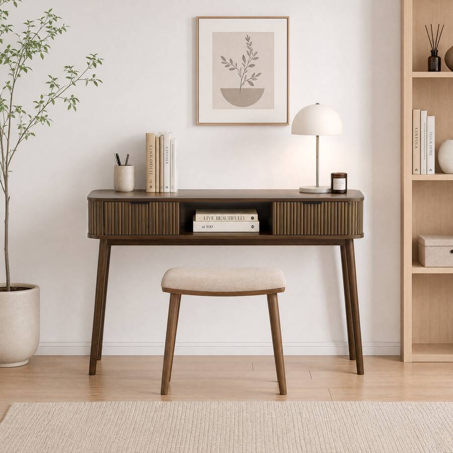 Mid-Century Console Style, Vintage Console With Drawers And Open Shelf, Modern Coffee Table/Desk, Suitable For Living Room, Entryway, And Hallway, Walnut Finish (Chairs Not Included) - Walnut - View 1