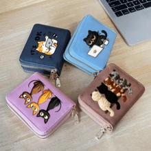Cat Print Card Holder, Lightweight Fashionable Women's Wallet, Suitable For Daily Use, Double Zipper Mini Wallet/Coin Purse/Card Holder - Multicolor - View 1