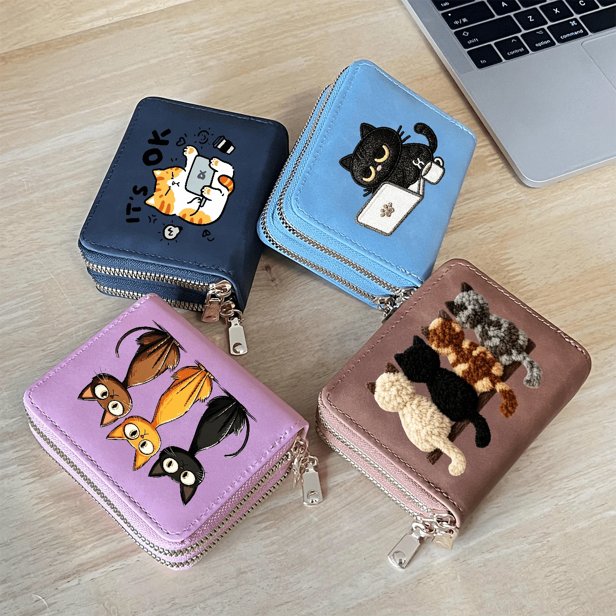 Cat Print Card Holder, Lightweight Fashionable Women's Wallet, Suitable For Daily Use, Double Zipper Mini Wallet/Coin Purse/Card Holder - Multicolor - View 1