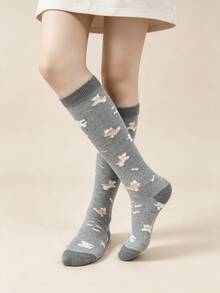 1 Pair Grey Soft Cute Animal Print Comfortable Calf Socks - Multicolor - View 3