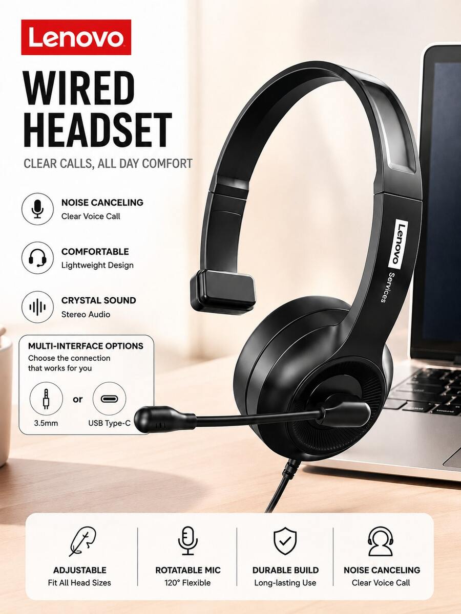 Lenovo Wired Headset With Microphone, Noise Cancelling Headphones For Call Center/Customer Service - View 1