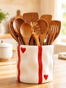 1pc Cute Heart Striped Kitchen Utensil Holder, Large Capacity Countertop Organizer, Suitable For Spatulas, Spoons And Cooking Tools, Wavy Storage Bucket, Modern Kitchen Decor, Housewarming Gift, Red/Blue/Black Optional - Heart Ripple - View 2