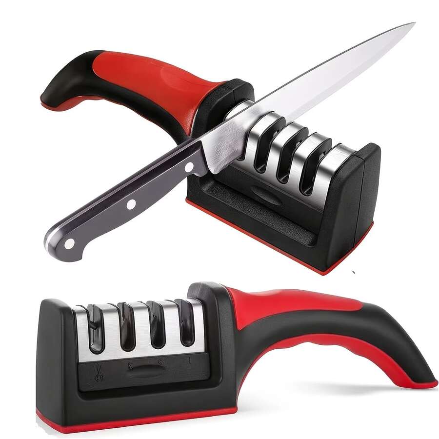 1pc - Multi-Functional 4-Stage Knife Sharpener, Suitable For Quickly And Easily Sharpening Dull Knives, Made Of Durable ABS Material, Can Be Hung For Storage, Essential Kitchen Tool For Efficient Cutting - Black - View 1
