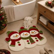 1pc Christmas Faux Cashmere 3-Snowman Shaped Bath Mat, Red & Green Color Scheme With Hat And Scarf, Cute & Lively Expression, Suitable For Bathroom, Toilet, Bedroom Entrance, Soft Touch, Machine Washable, Fun Decoration For Winter Holiday Bathroom Space - Multicolor - View 3