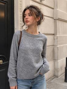 Women's Grey Knitted Round Neck Drop Shoulder Long Sleeve Regular Fit Sweater, Perfect For Fall & Winter Daily Wear - Light Grey - View 4