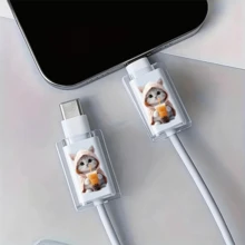 4件組適用於Apple iOS手機充電線固定夾保護套 數據線防斷可愛貓狗造型保護套 數據線配件 - 粉衣奶茶貓+奶茶狗組合 - 查看 5