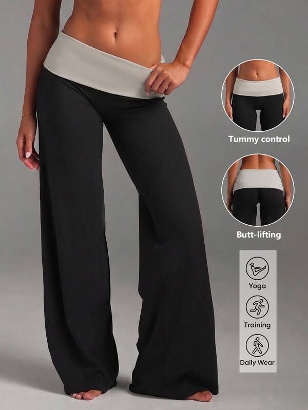 Women's Colorblock High Waist Wide Leg Yoga Pants, Elastic Casual Sports Long Pants