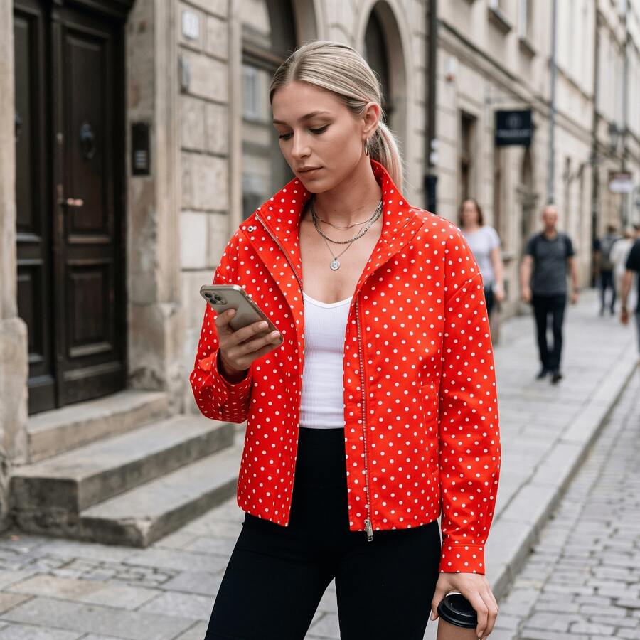 Vintage Red Polka Dot High Neck Drawstring Short Jacket Long Sleeve Loose Casual Outerwear Summer - Red - View 1