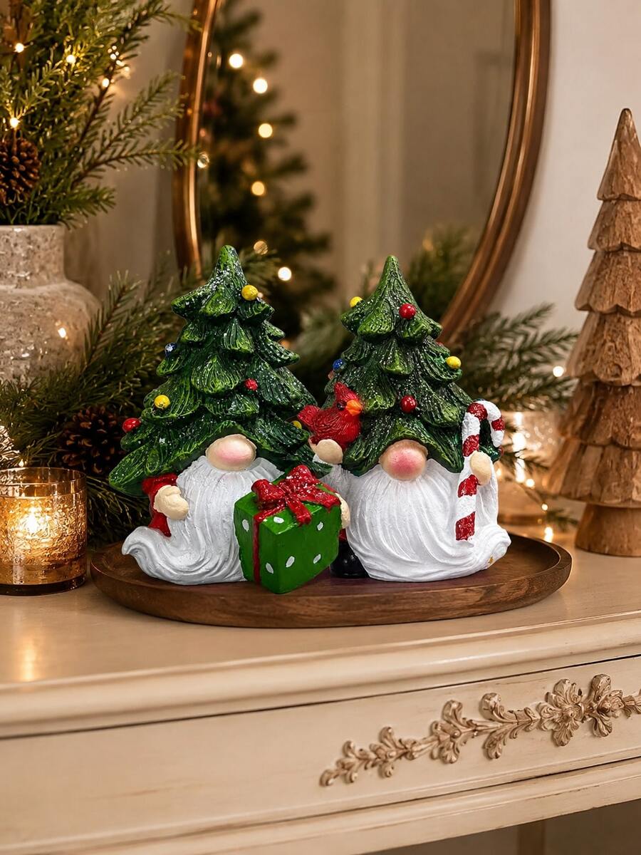 1pc Christmas Gnome Figurine, Cute Christmas Tree Gnome With Gift Box, Cardinal Bird Or Candy Cane, Christmas Decorations For Home, Tabletop Shelf Fireplace Mantel Decor, Holiday Gift - Christmas Tree Gnome - View 1
