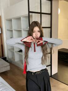Women's Spring T-Shirt Plaid Patchwork Long Sleeve Inner Layer Slim Fit Knit Top Summer Clothing - Light Grey - View 4