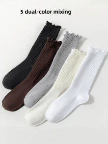 20/10/5/1 Pairs Women's Four-Season Multi-Color Slouch Socks, Fashion Casual Ruffle Cuff Design, Comfortable Breathable Long Socks, Match With Sneakers/Tall Boots Autumn/Winter - Multicolor - View 7