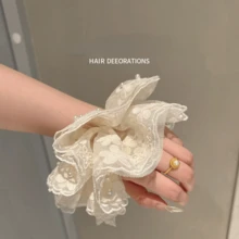 1pc Pearl Flower Lace Mesh Scrunchie, Suitable For Gentle Elegant Women For Commuting And Dating, Cream White Mesh Base With 3D Floral Embroidery Lace, Elegant Cute Country Style Bridal Hair Accessory, Soft Elastic Without Pulling Hair, Can Tie Ponytail And Bun, French Luxury Atmosphere Hair Ornament - Multicolor - View 3