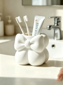 Mini Cream Bow Creative Fun Toothbrush Holder, Toothbrush Cup, Desktop Storage Rack, Can Hold Toothbrush, Toothpaste, Flower Pot, Vase, Vanity Decor, Bathroom Supplies. Warm Home Bathroom Decor Autumn Decor Back To School Season - Multicolor - View 5