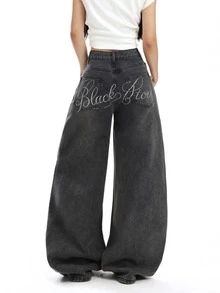 1pc American Street Fashion Women Rhinestone Denim Jeans Loose Comfortable Wide Leg Pants All Season Versatile Denim Long Pants (This Product Does Not Include Belt/Accessories) - Black - View 3