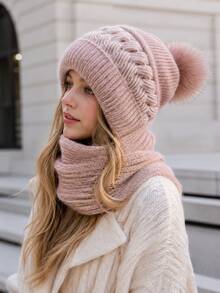 1pc European And American Fashion Women's Autumn/Winter Knitted Fleece Knit Hat Scarf Combo, Warm And Versatile - Multicolor - View 1