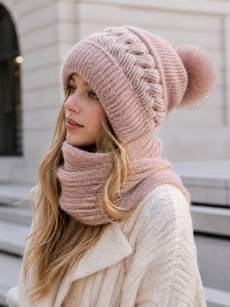 1pc European And American Fashion Women's Autumn/Winter Knitted Fleece Knit Hat Scarf Combo, Warm And Versatile - Multicolor - View 1