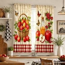 2 Sets Of Digital Retro Country-Style Apple-Print Filtering Curtains, In Rod Bag Style, Fade-Resistant, Washable By Hand And Machine, Hook-Free Design, Suitable For Home Decoration In Living Room, Bedroom And Study Area. - Multicolor - View 1