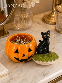 1pc Halloween Pumpkin Storage Jar With Black Cat Lid, Jack-O'-Lantern Decorative Jewelry Box For Candy, Rings, Necklaces, Home Desktop Holiday Decor - Pumpkin Cat Storage - View 7