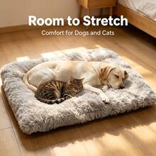 Plush Rectangular Pet Bed With Raised Rim, Dog Bed, Cat Bed, Soft Warm Long-Fur Sleeping Mat For Cats And Dogs, Cozy Indoor Cushion In Multiple Sizes - Khaki - View 11