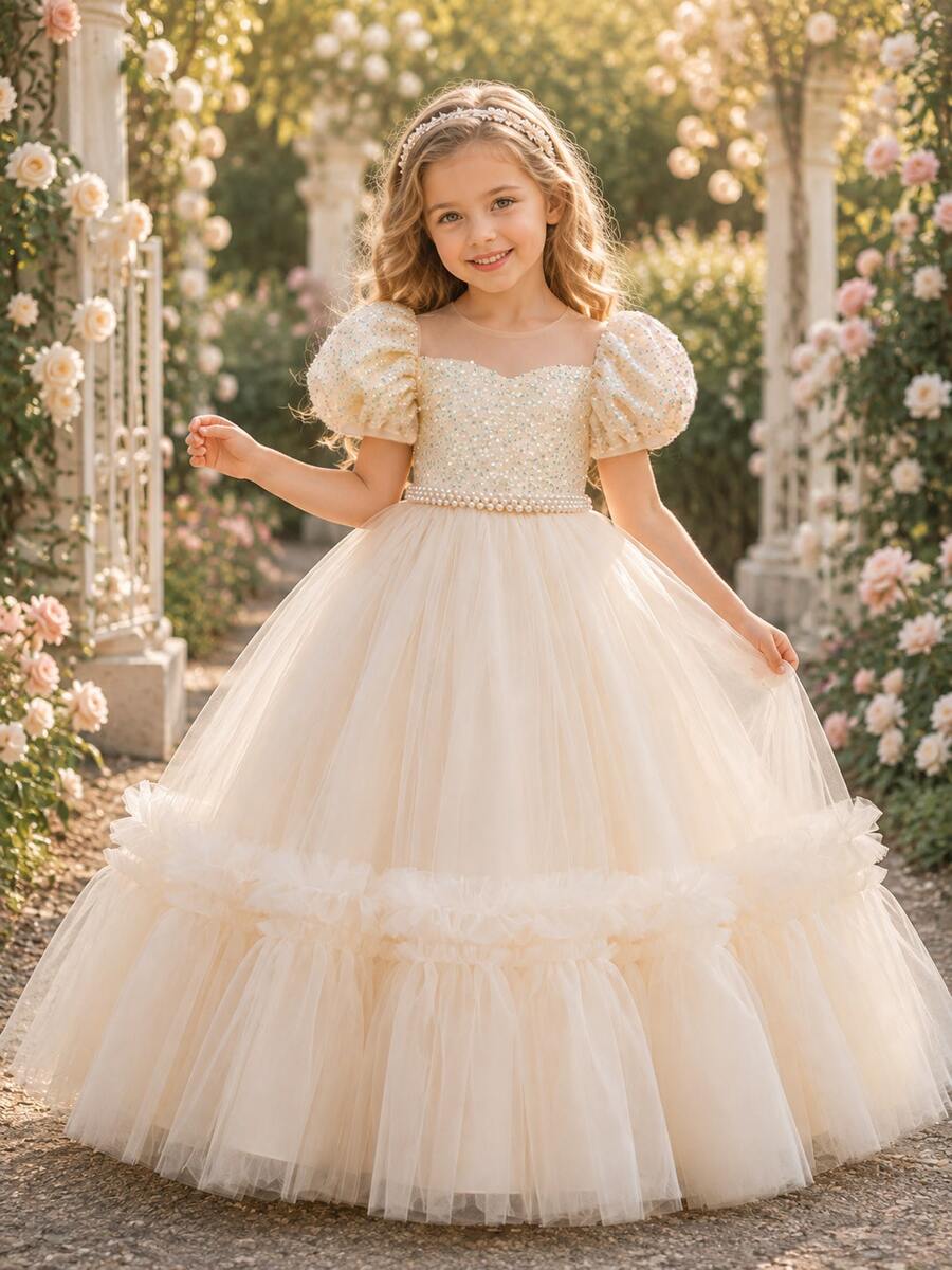 Young Girls' Princess Party Beaded Sequin Puffy Long Dress, Birthday Wedding Gown