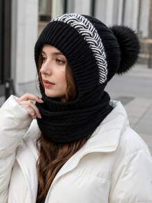 1pc European And American Fashion Women's Autumn/Winter Knitted Fleece Knit Hat Scarf Combo, Warm And Versatile - Multicolor - View 3