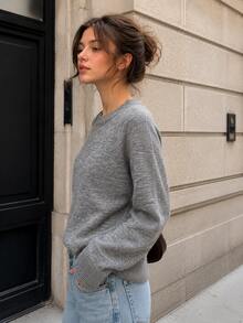 Women's Grey Knitted Round Neck Drop Shoulder Long Sleeve Regular Fit Sweater, Perfect For Fall & Winter Daily Wear - Light Grey - View 7