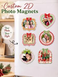 Custom Photo Fridge Magnet,Christmas Bow Plaid Frame Personalized Picture Refrigerator MagnetDecorative Magnetic StickerVivid Print Strong Magnet For Kitchen Locker Office Cabinet,Xmas Holiday Home Decoration,Customized Family Pet Photo Keepsake Gift - Multicolor - View 1