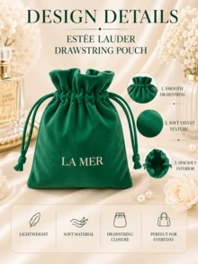 حقيبة سحب كلاسيكية من La Mer، مقاس 16*14 سم، من قماش المخمل، صغيرة، أنيقة، عملية، للتخزين، مناسبة لتخزين مستحضرات التجميل وفرش المكياج - حقيبة برباط - أخضر - مشاهدة 7
