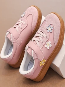 Girls' Embroidered Floral Slip-On Sneakers, All-Season Wear, Hook & Loop Closure, Soft Sole, Non-Slip, Versatile, Comfortable, Patchwork Upper, Cute Casual Shoes - Pink - View 5