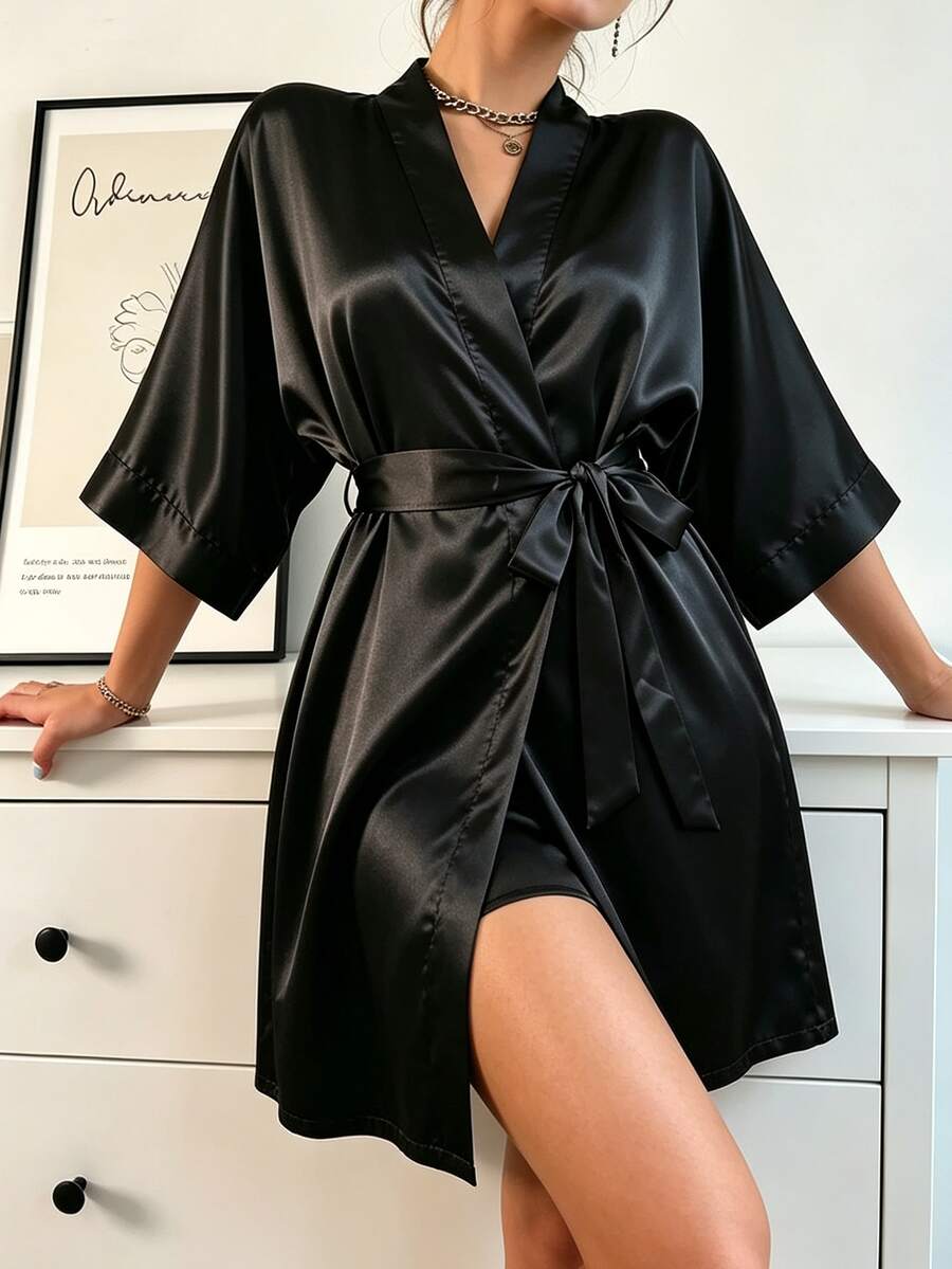 1件女款純色優雅綁腰秋季/冬季性感短款絲綢浴袍，舒適晨袍，適合居家使用
