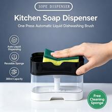 1Pc 385ml PP Plastic Kitchen Soap Dispenser Set, Transparent Visible Press‑Auto Detergent Box With Free Sponge, Refillable Reusable For Dishes Pots Sink Home Dorm Kitchen Cleaning - Durable Version - View 2