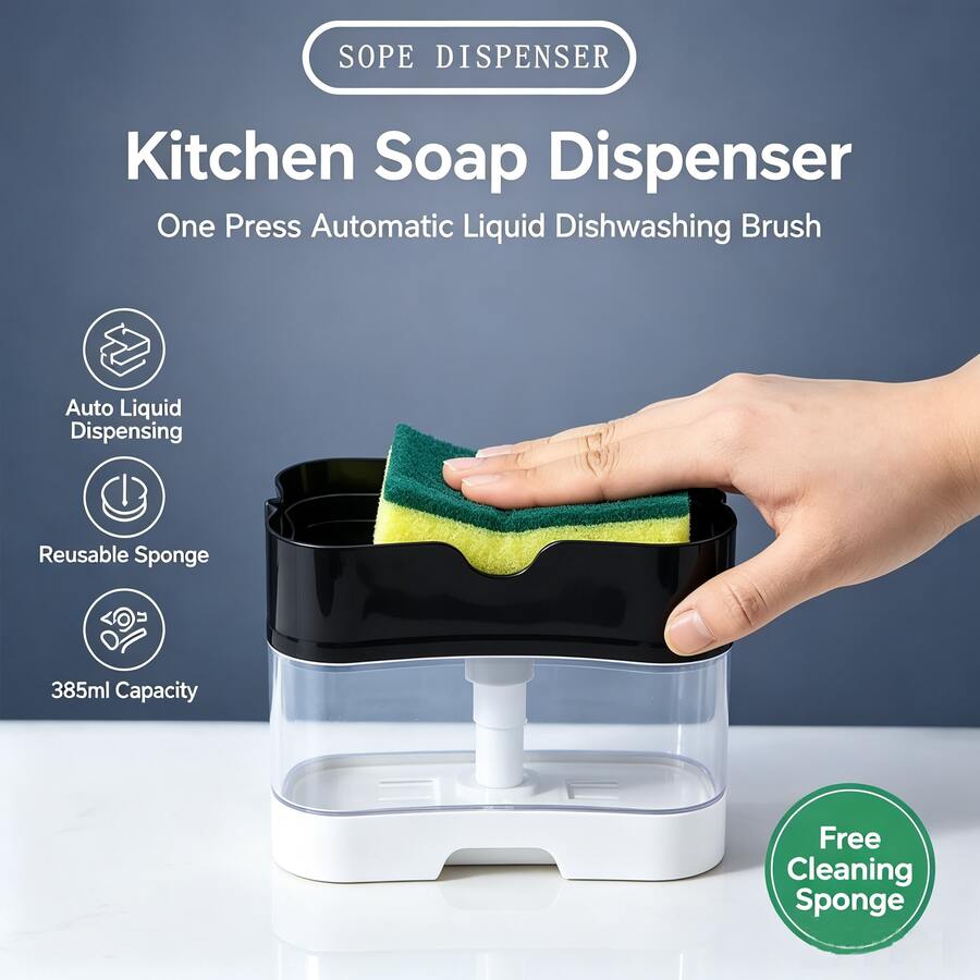 1Pc 385ml PP Plastic Kitchen Soap Dispenser Set, Transparent Visible Press‑Auto Detergent Box With Free Sponge, Refillable Reusable For Dishes Pots Sink Home Dorm Kitchen Cleaning