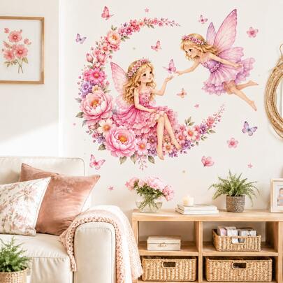Cute Fairy Wall Decal, Fantasy Wall Sticker With Butterflies And Flowers, Girls Bedroom Wall Art, Magic Garden Theme Decor, Removable Home Decor Sticker