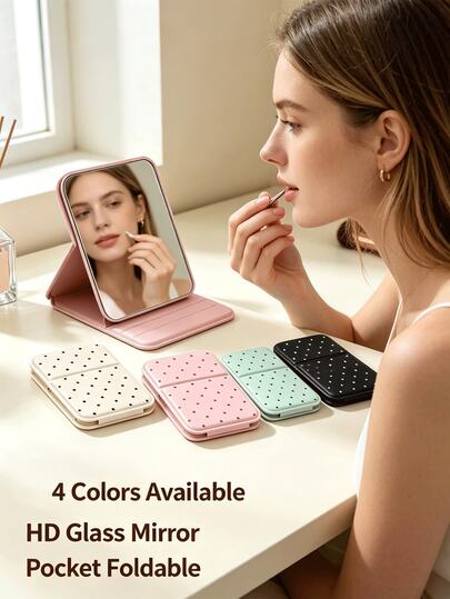 Colorful Polka Dot Mini Foldable Portable Makeup Mirror, Pink/Green/White/Black, With Stand Design, Suitable For Travel And Daily Use; Minimalist Style Rectangular Desktop Foldable Makeup Mirror, Gift For Friends, Family And Teachers