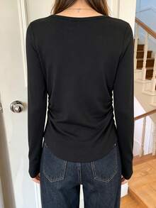 Women's Embroidered Long Sleeve T-Shirt, Layering Base Top, Patchwork 2 In 1 - Black - View 4