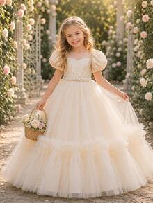 Young Girls' Princess Party Beaded Sequin Puffy Long Dress, Birthday Wedding Gown - Champagne - View 3