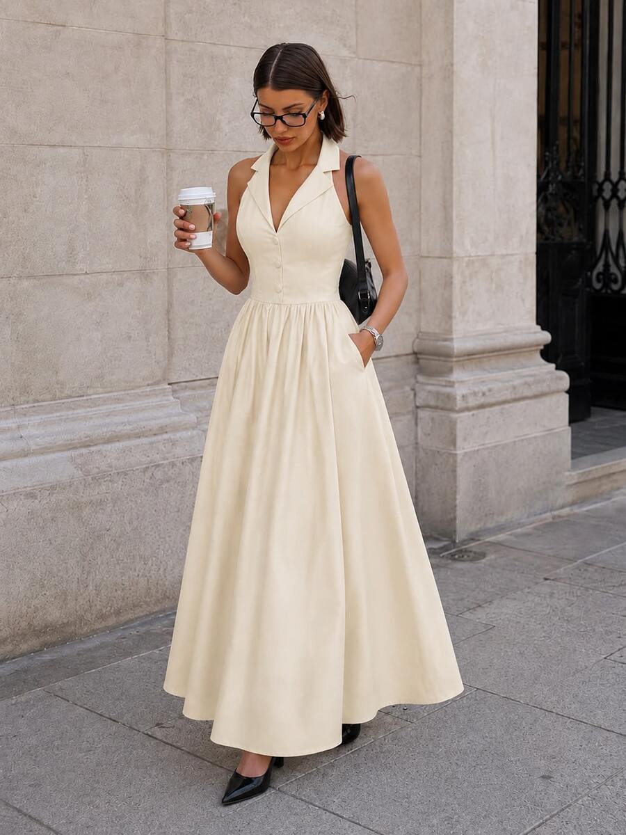 Perirose Women's Cream Halter Midi Dress Sleeveless Button Front Fit And Flare A Line Dress With Open Back, Summer Fall Elegant Vacation Going Out Dress - Apricot - View 1