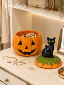 1pc Halloween Pumpkin Storage Jar With Black Cat Lid, Jack-O'-Lantern Decorative Jewelry Box For Candy, Rings, Necklaces, Home Desktop Holiday Decor - Pumpkin Cat Storage - View 11