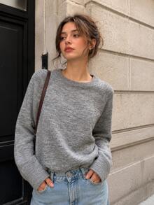 Women's Grey Knitted Round Neck Drop Shoulder Long Sleeve Regular Fit Sweater, Perfect For Fall & Winter Daily Wear - Light Grey - View 6