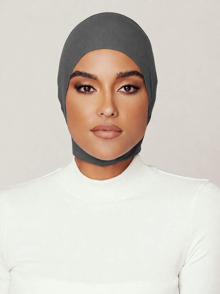 1PC Women's Fashion Solid Color Elastic Underscarf, Comfortable Breathable Muslim Hijab Inner Cap, Neck-Covering Casual Elegant Inner Hijab, Suitable For Daily Wear And Prayer - Dark Grey B - View 3