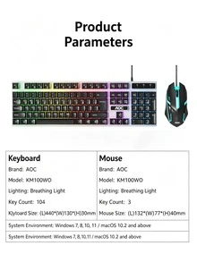 AOC KM100 Gaming Keyboard And Mouse Set Professional-Grade Gaming Mouse + Mechanical Keyboard Dynamic Backlight System Ergonomic Design Plug And Play Without Driver White - White - View 10