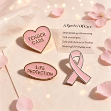 Pink Ribbon Enamel Brooch, Gold Tone Heart & Oval Lapel Pin, Tender Care Life Protection Awareness Badge For Women Clothing Decor Gift - Multicolor - View 3