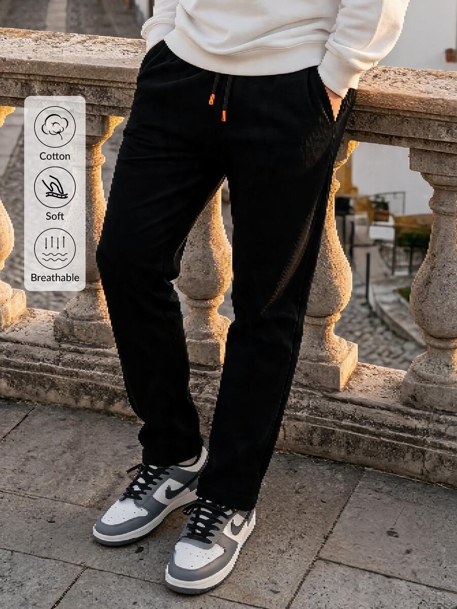 Men Stretch Gabardine Slim Fit Pants – 97% Cotton 3% Lycra, Elastic Waist Drawstring Casual Trousers - Black - View 1