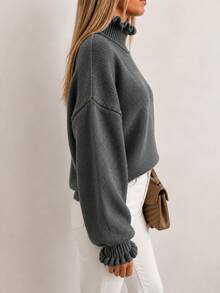 Women's Comfortable Knitted Pullover Sweater, Ruffle Collar, Long Sleeve Design - Grey - View 2