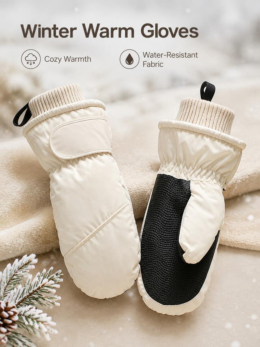 Winter Ski Gloves, Casual Outdoor Style, Multi-Color, Windproof Waterproof Thickened Fabric, Mountain Letter Print, Adjustable Hook And Loop Cuff, Warm Anti-Slip With Hanging Loop, Suitable For Skiing, Snow Play, Hiking, Winter Outdoor Use - Multicolor - View 1