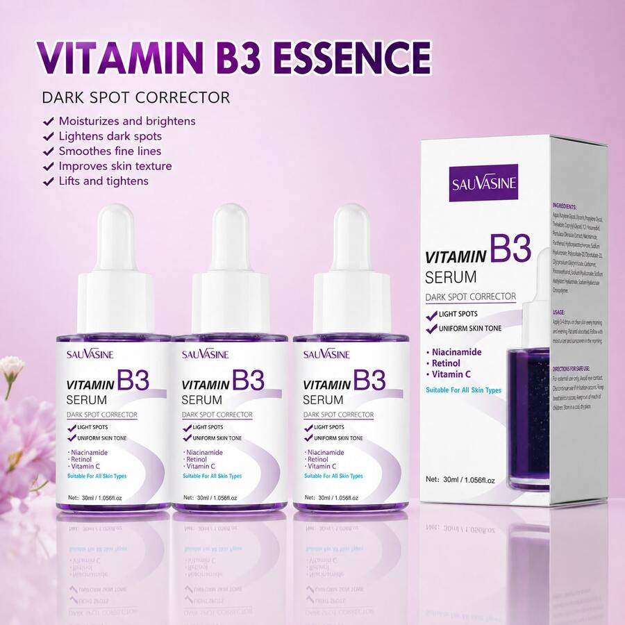 3件組維生素B3黑斑矯正精華液（適用於臉部與身體）：淡化斑點、曬斑、雀斑、黃斑、色素沉著 | 延緩肌膚老化，減少皺紋與細紋，讓肌膚顯得更年輕緊緻。深層補水，鎖住水分，長效保濕。亮白精華液，適合敏感肌與膚色不均者。