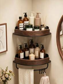 1pc Walnut Style Shower Storage Rack - No-Drill Installation, Space-Saving Heavy-Duty Triangular Shelf, Home Decor Art, Modern Style Corner Rack, Suitable For Shower And Toilet Walls/Tiles, Bathroom Accessories, Multi-Functional Organizer - Multicolor - View 2