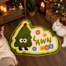 1pc Christmas Faux Cashmere Cartoon Anthropomorphic Christmas Tree Shaped Decorative Mat, Anthropomorphic Cartoon Christmas Tree With Colorful Small Flowers And LAWN Letter Print, Fresh Contrast Color Design. Suitable For Bedroom Bedside, Living Room, Entrance Hall, Soft Skin-Friendly Touch, Machine Washable, Creating A Lively And Healing Autumn/Winter Home Space - Multicolor - View 4